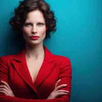 Confident woman in red blazer poses against blue background photo