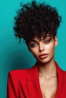 Model poses against a bright turquoise background with style photo