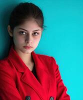 Young woman poses confidently in red coat against teal background photo
