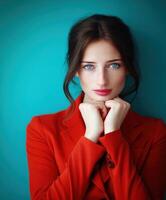 A beautiful woman in a red suit posing against a blue background photo