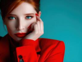 Striking portrait of woman in red attire with bold makeup photo