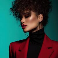 Model poses in red jacket against teal background photo