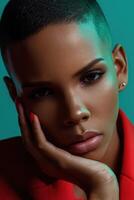Portrait of a model in vibrant lighting with strong emotions photo
