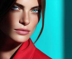 Model with striking blue eyes poses against vibrant background photo