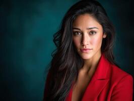 Portrait of a woman with long hair in a red blazer photo