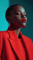 Bold fashion portrait of a model wearing red attire photo