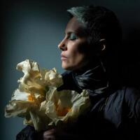 Woman with flowers striking a contemplative pose indoors photo
