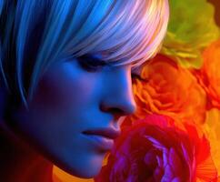 Close-up of a woman with vibrant flowers in the background photo