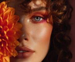 Model with striking makeup posing with a vibrant flower photo
