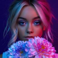 Model with colorful flowers against vibrant background photo