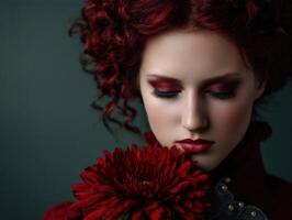 Beautiful woman with red curls and flower portrait in autumn photo