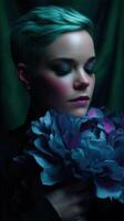 Woman holding a large blue flower with a serene expression photo
