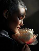 Portrait of a woman enjoying a flower in soft lighting photo