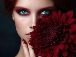 Model poses with large red flower for artistic portrait photo