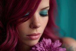 Close-up of a woman with vibrant hair and flower in spring photo