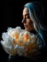 Woman holding large flower against dark background photo