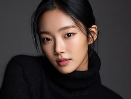 Model poses with natural makeup and black sweater in studio photo