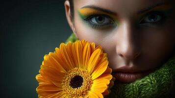 Beautiful woman with a flower poses in artistic close-up photo