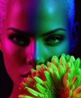 Model showcasing vibrant colors with flower close-up photo