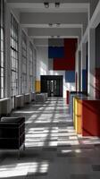 A large room with colorful walls and a large window photo