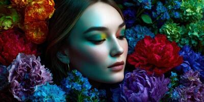 Model surrounded by vibrant flowers in artistic composition photo