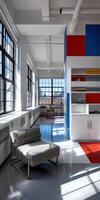 A modern office with colorful walls and a couch photo