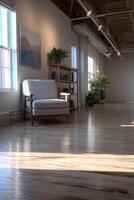 A large room with hardwood floors and white walls photo