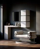 A modern bathroom with a white bench and mirror photo