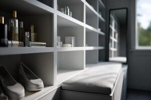 A white closet with a mirror and shoes photo