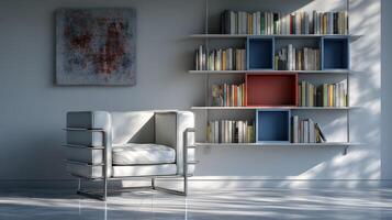 A chair and bookshelf in a room photo