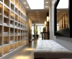 A hallway with a bench and shelves photo