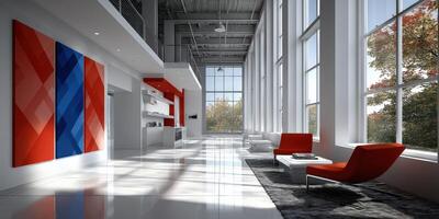 A modern office with large windows and red chairs photo