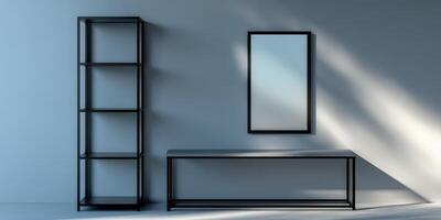 A black shelf and mirror in a room photo