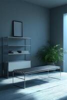 A modern living room with a shelf and a bench photo
