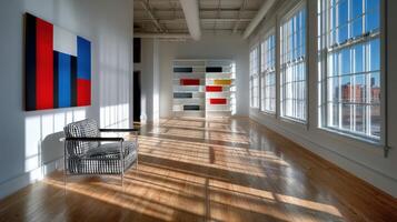 A room with a chair and a painting on the wall photo