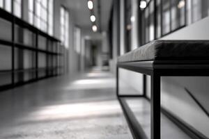 A bench sitting in a hallway with a lot of shelves photo