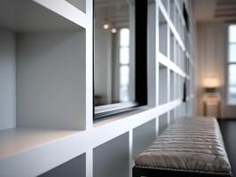 A bench sitting in front of a wall with white shelves photo