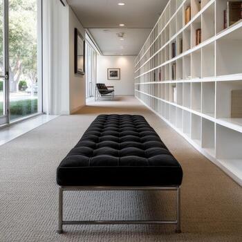 A black bench sits in front of a bookcase photo