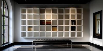 A white shelf with black and white striped rug photo