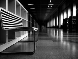 A black and white photo of a bench sitting in a hallway
