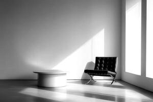 A chair and table in a room with large windows photo