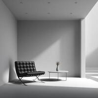 A black chair and table in a white room photo