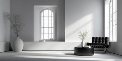 A white room with a black chair and vase photo