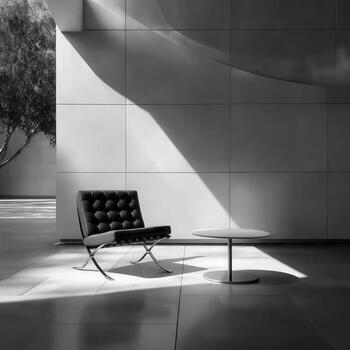 A black and white photo of a chair and table in front of a wall