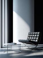 A black leather chair and table in a room photo