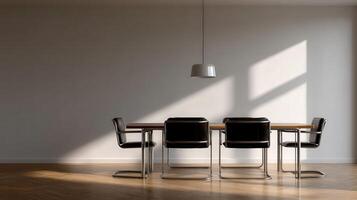 Modern Bauhaus dining area with minimalist design and natural light photo
