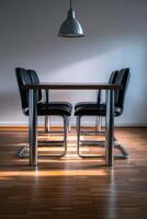 Modern dining table with sleek chairs in minimalist interior setting photo