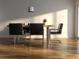 Bauhaus inspired dining area with minimalist design and natural light photo