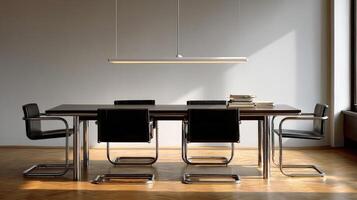 Modern Bauhaus dining area featuring minimalist design and natural light photo