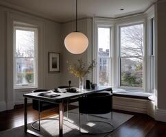Beautiful Bauhaus-inspired dining area with large windows and modern decor photo